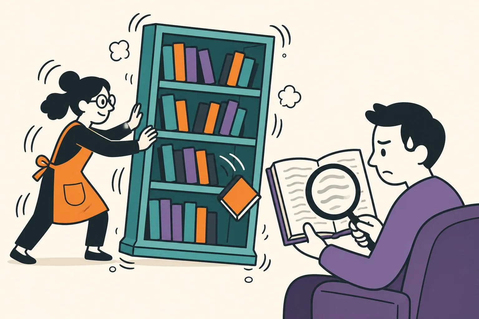 A librarian shaking a shelf of books to make readers more robust, while the fine print in the books blurs away