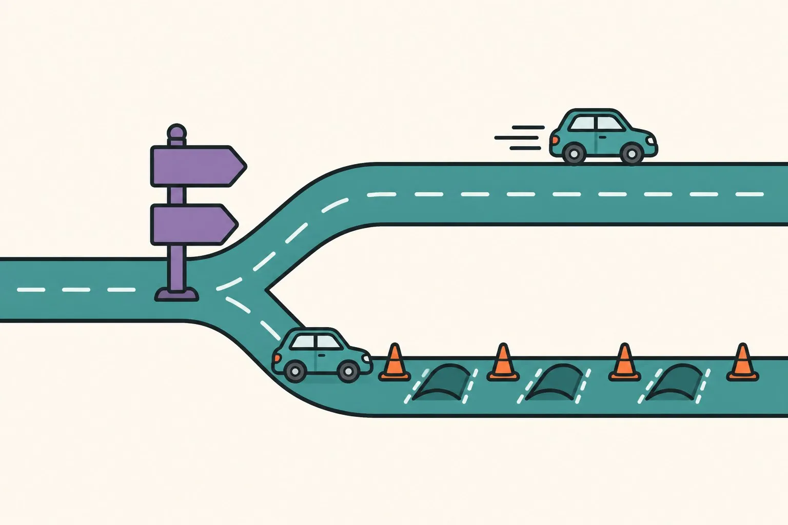 A fork in a glowing racetrack: one lane smooth and fast, the parallel lane of the same track full of hidden speed bumps