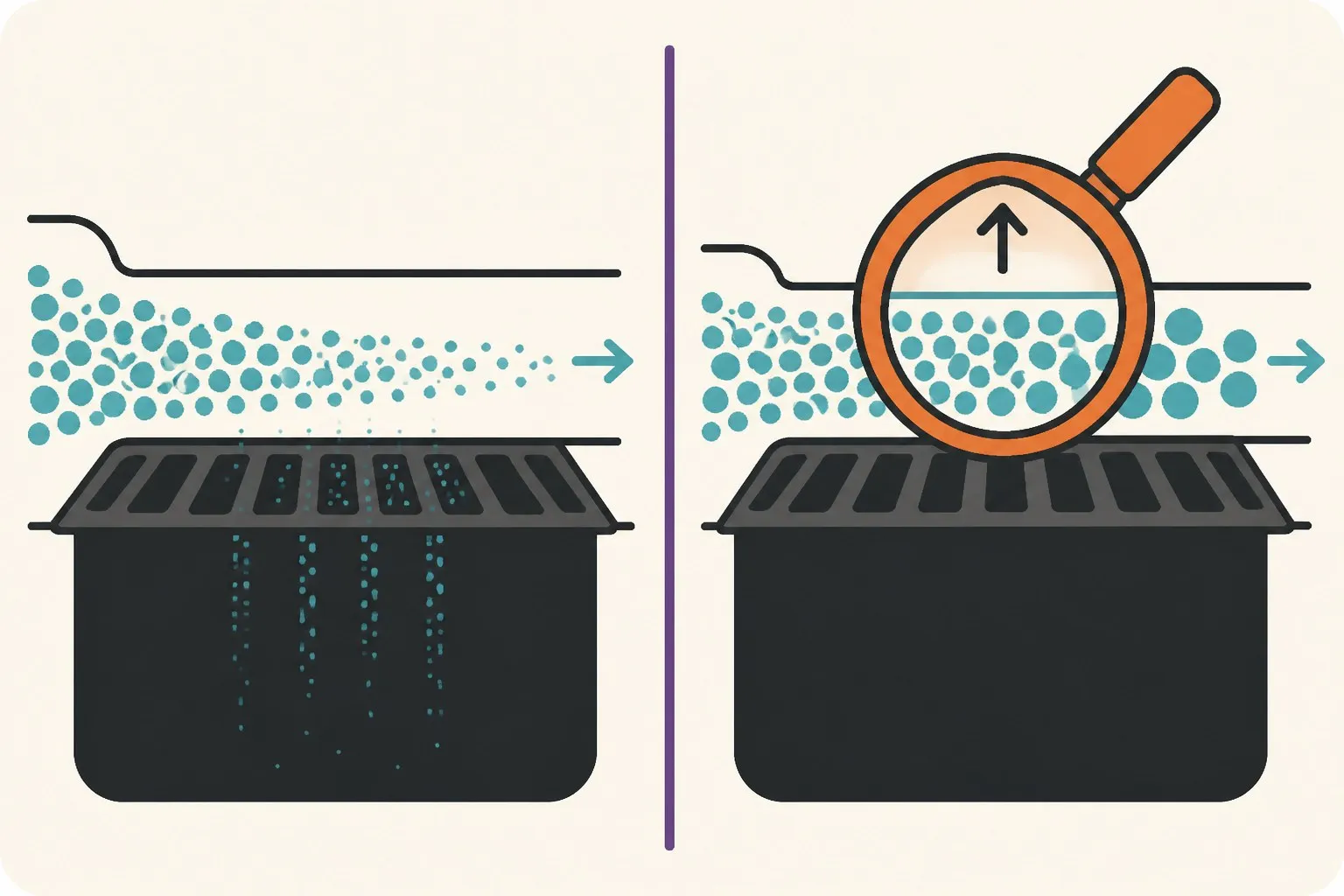 A river of gradient particles flowing through a narrow gate, the smallest particles falling through a grate below, while a magnifying lens labeled with a scale factor lifts them safely over