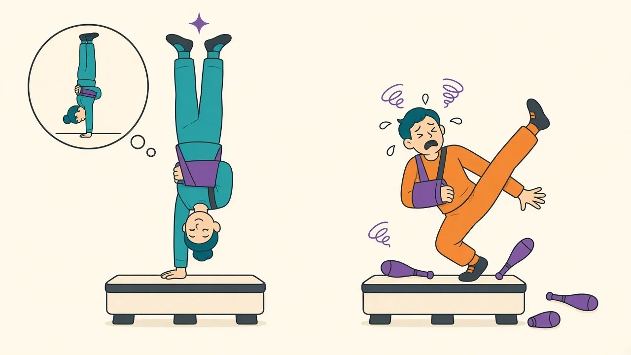An acrobat who trained occasionally with one arm tied stumbling only slightly when an arm gives out mid-performance, next to an untrained acrobat collapsing entirely from the same injury