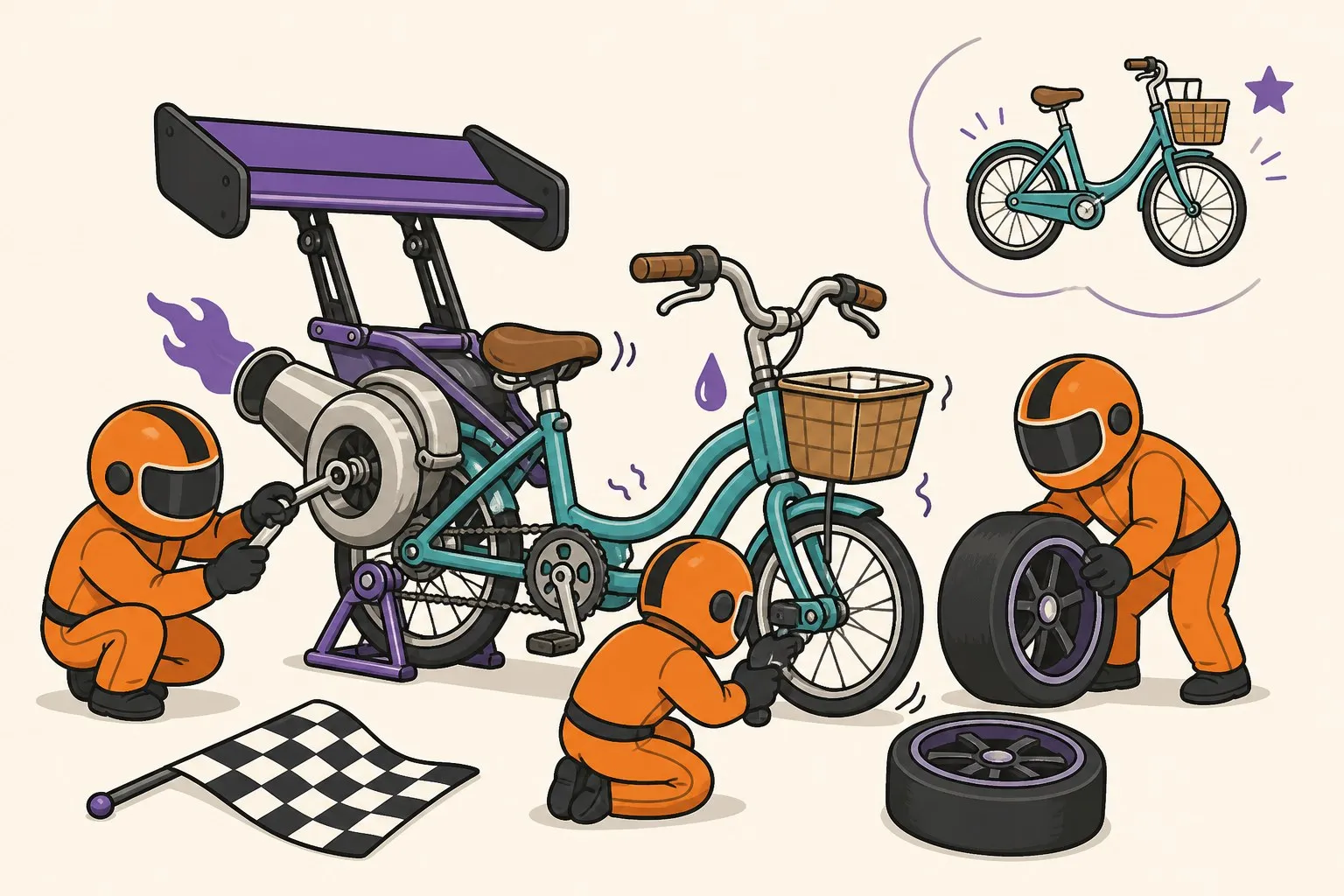 A pit crew bolting racing parts onto a small commuter bicycle, which is now worse at being a bicycle