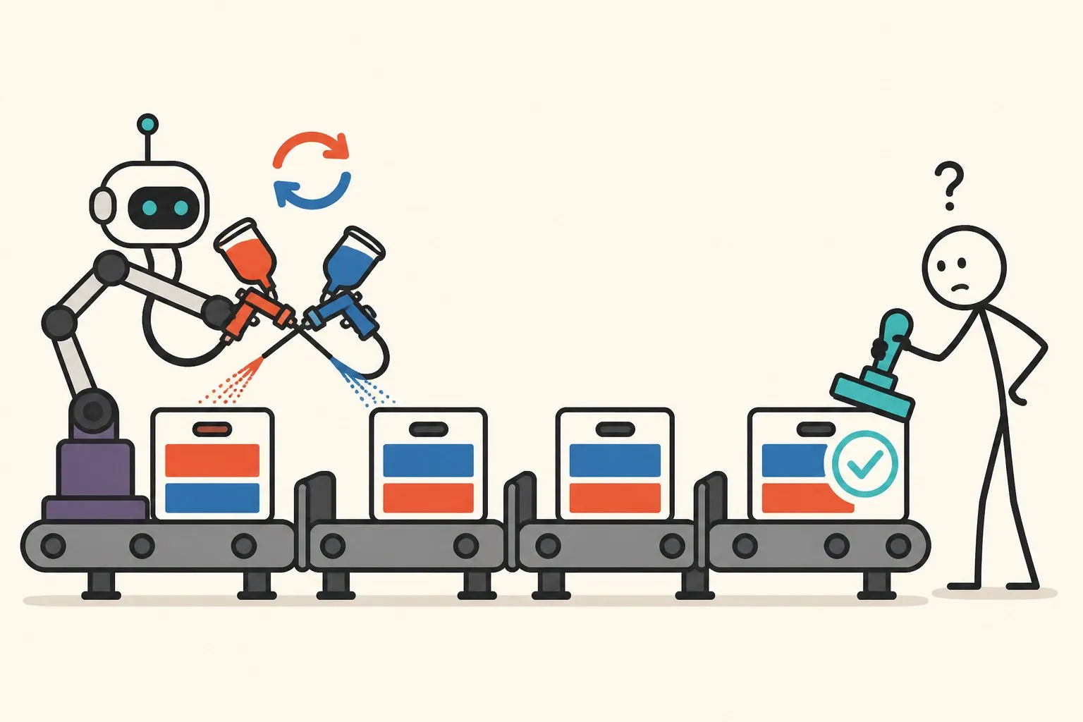 An assembly line where a paint robot has quietly swapped red and blue paint on a row of products, and the inspector further along squints slightly but stamps them approved