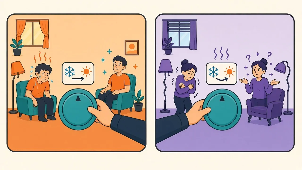 A thermostat with one simple dial perfectly cooling an overheated room, while in a warped room the same dial helps but cannot un-bend the furniture