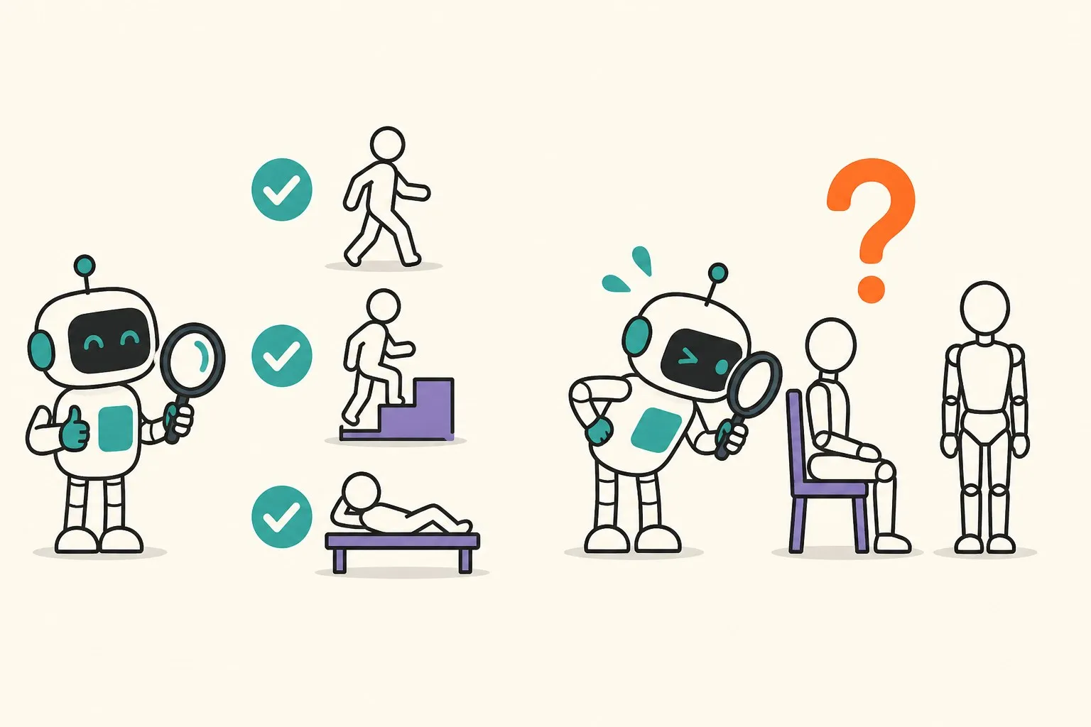 A robot inspector confidently sorting a parade of moving figures, then squinting helplessly at two nearly identical mannequins, one seated and one standing