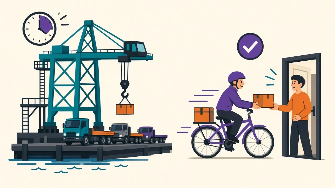 A tiny package being loaded onto a massive cargo freighter whose loading crane takes longer than a bicycle courier who has already delivered it