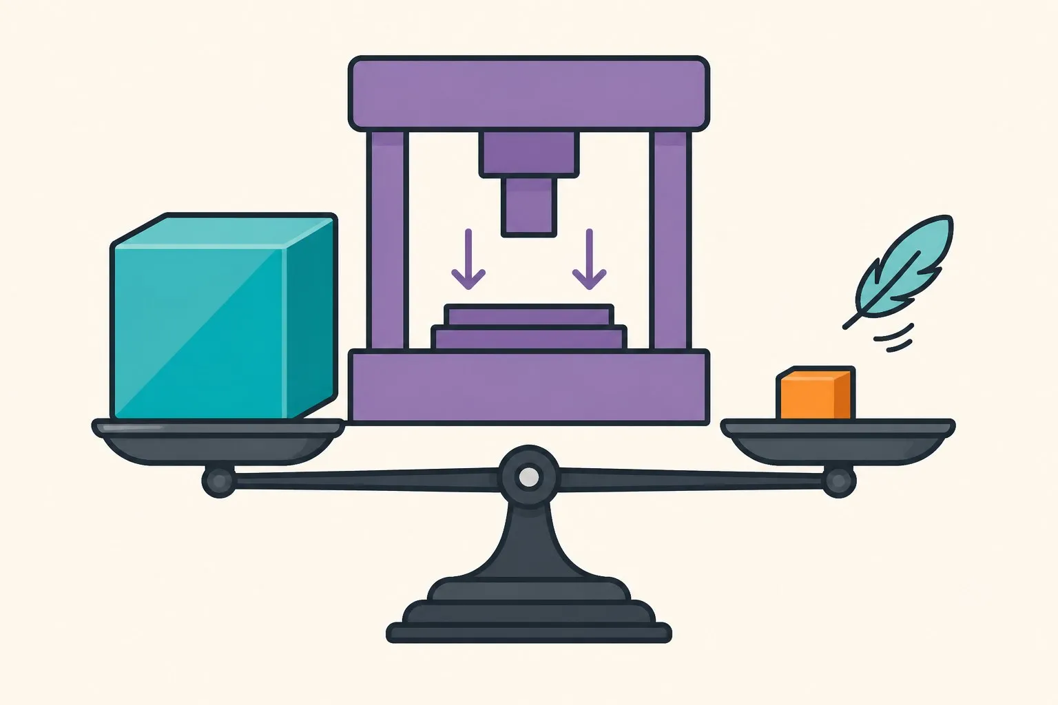 A large glowing model crystal being compressed through a forge into a tiny dense cube, with a balance scale showing the tiny cube weighing almost the same in accuracy