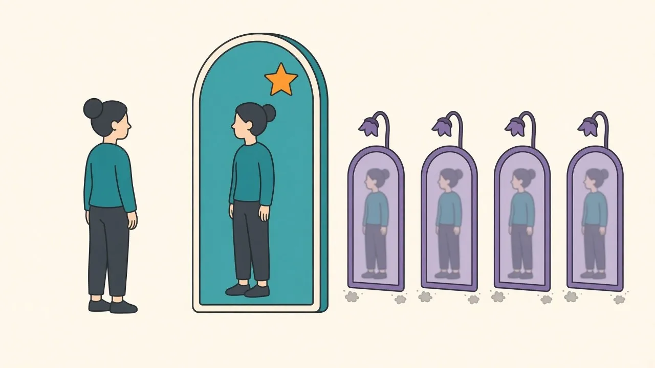 A hall of mirrors where one true mirror reveals a clear second view of a figure, while a row of slightly-shifted funhouse mirrors just show blurry near-duplicates