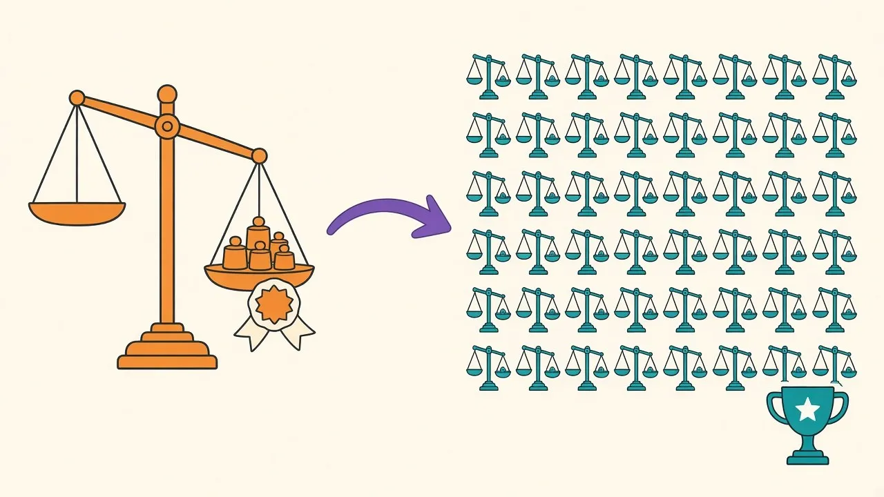 Fifty small scales weighing the same three objects, revealing a ranking that a single large scale got wrong
