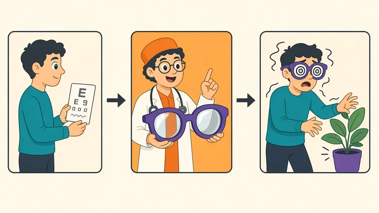 A doctor prescribing a strong corrective lens to a patient with nearly perfect vision, leaving them squinting worse than before