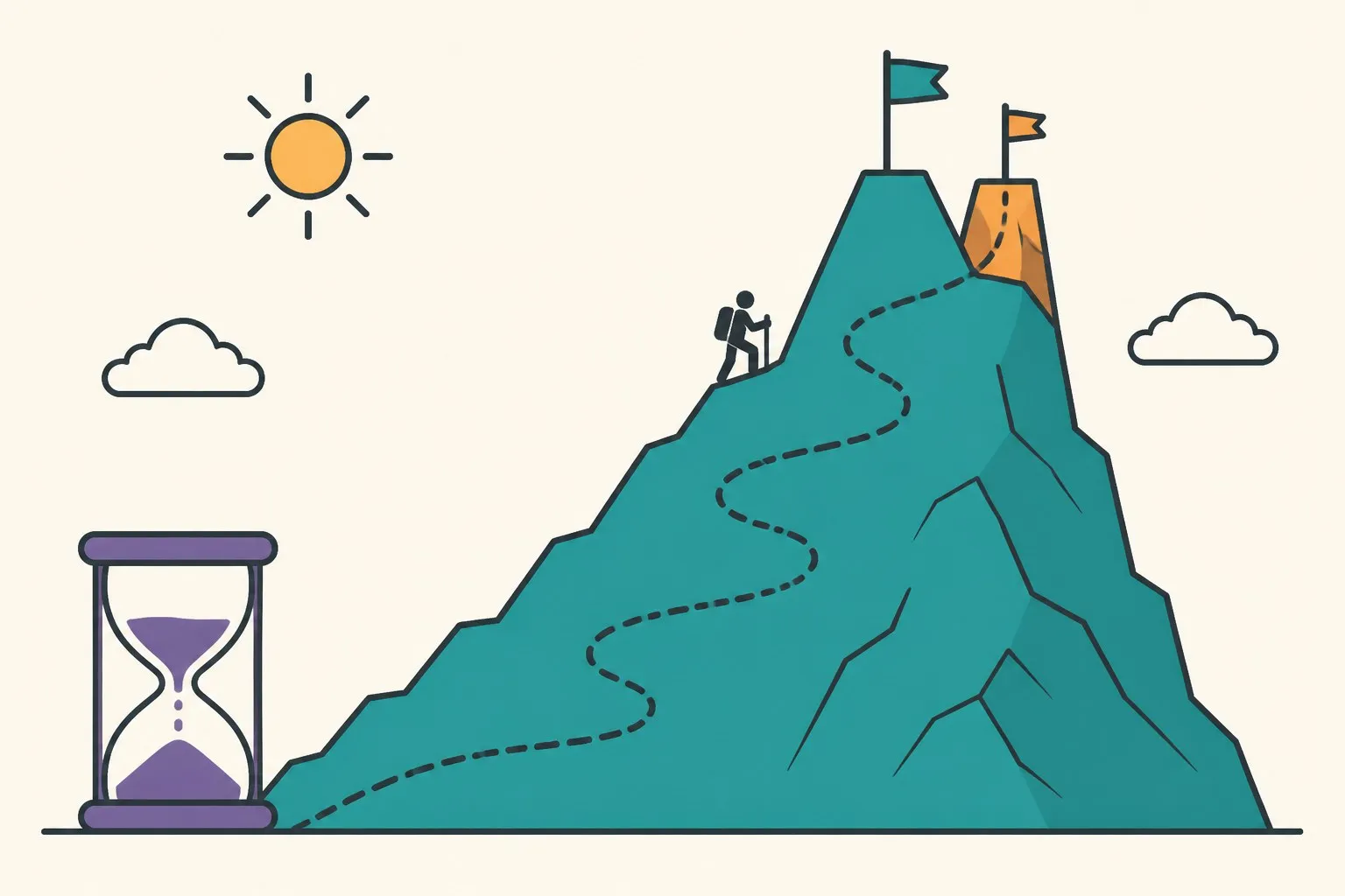 A mountain climber reaching a summit marker that adds a small extra height to an already tall mountain, with a long winding trail behind