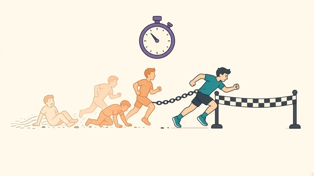 A runner dragging a long heavy chain of ghostly past versions of themselves across the finish line