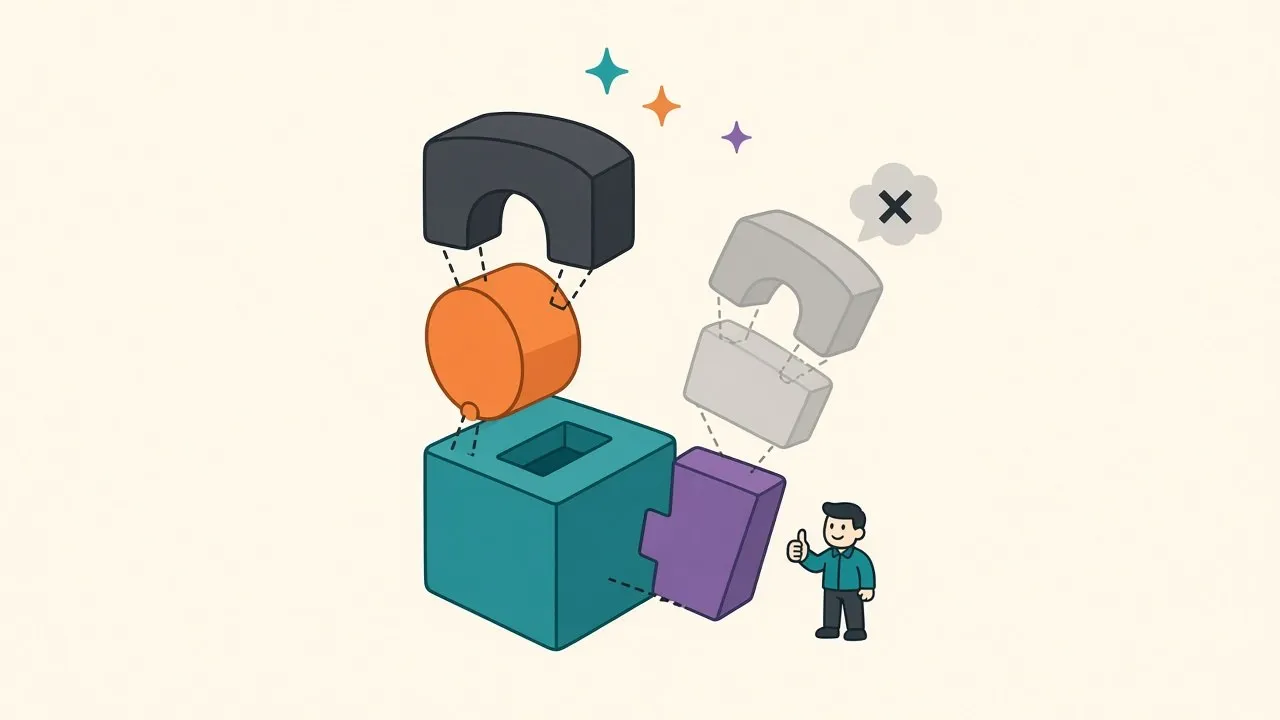 A carefully balanced tower of differently-shaped blocks that all fit together perfectly, each block clicking into a different face of the structure rather than competing for the same slot