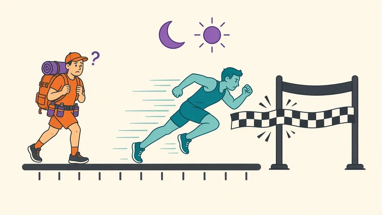 Two racers on a short track: a steady long-distance runner built for marathons losing to a sprinter perfectly geared for the distance actually being run