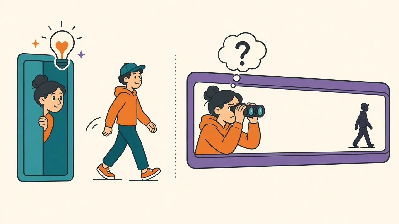 A person recognizing a friend's walk from just a brief glimpse through a narrow window, versus needing a long viewing gallery to identify a stranger