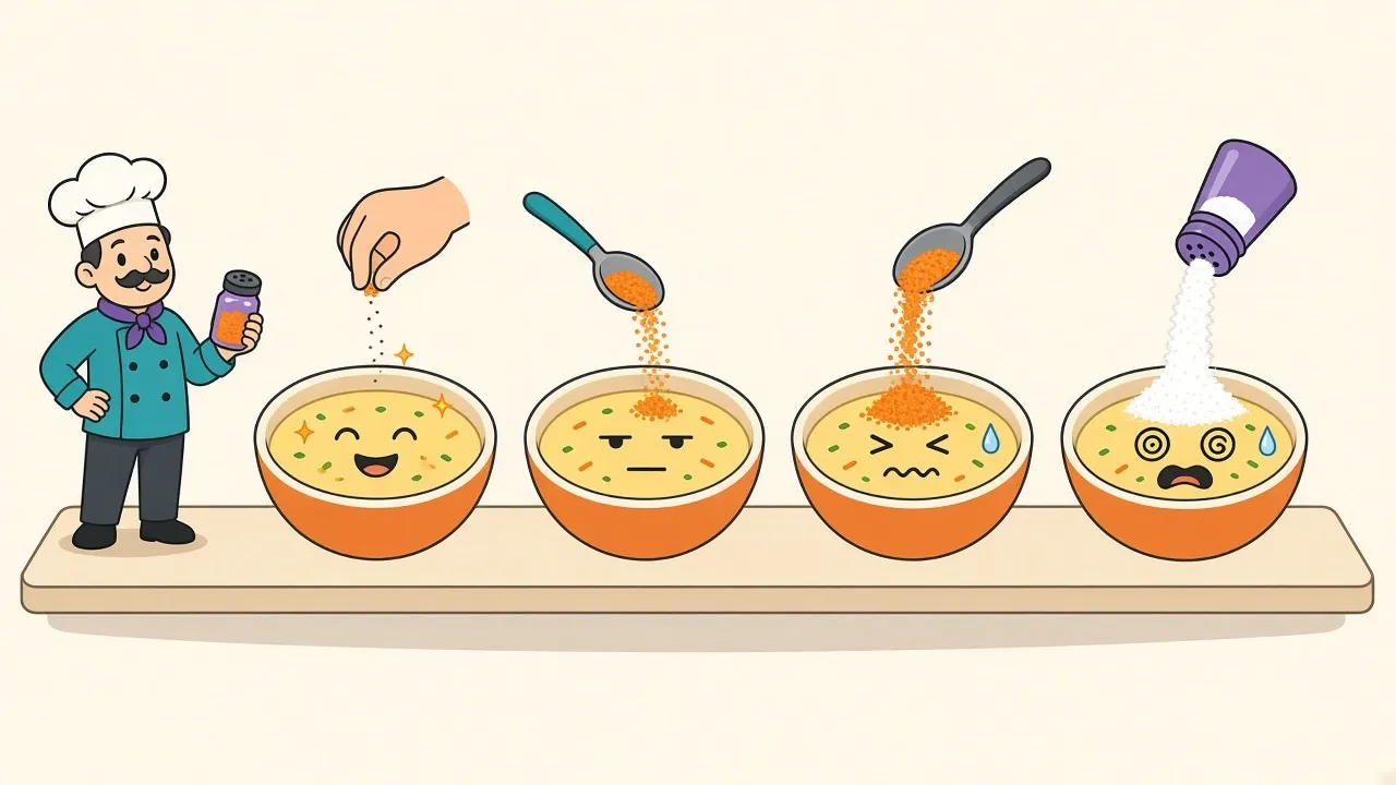 A seasoning curve: one pinch transforms the dish, and every spoonful after that only makes it saltier without making it tastier