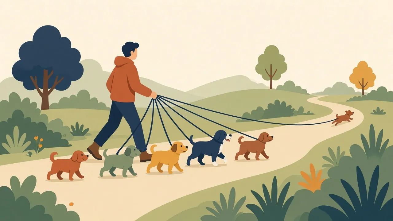 A dog walker with six leashes of wildly different lengths: the short-leash dogs trot in step at the heel, while the dog on the longest leash is still far back down the path