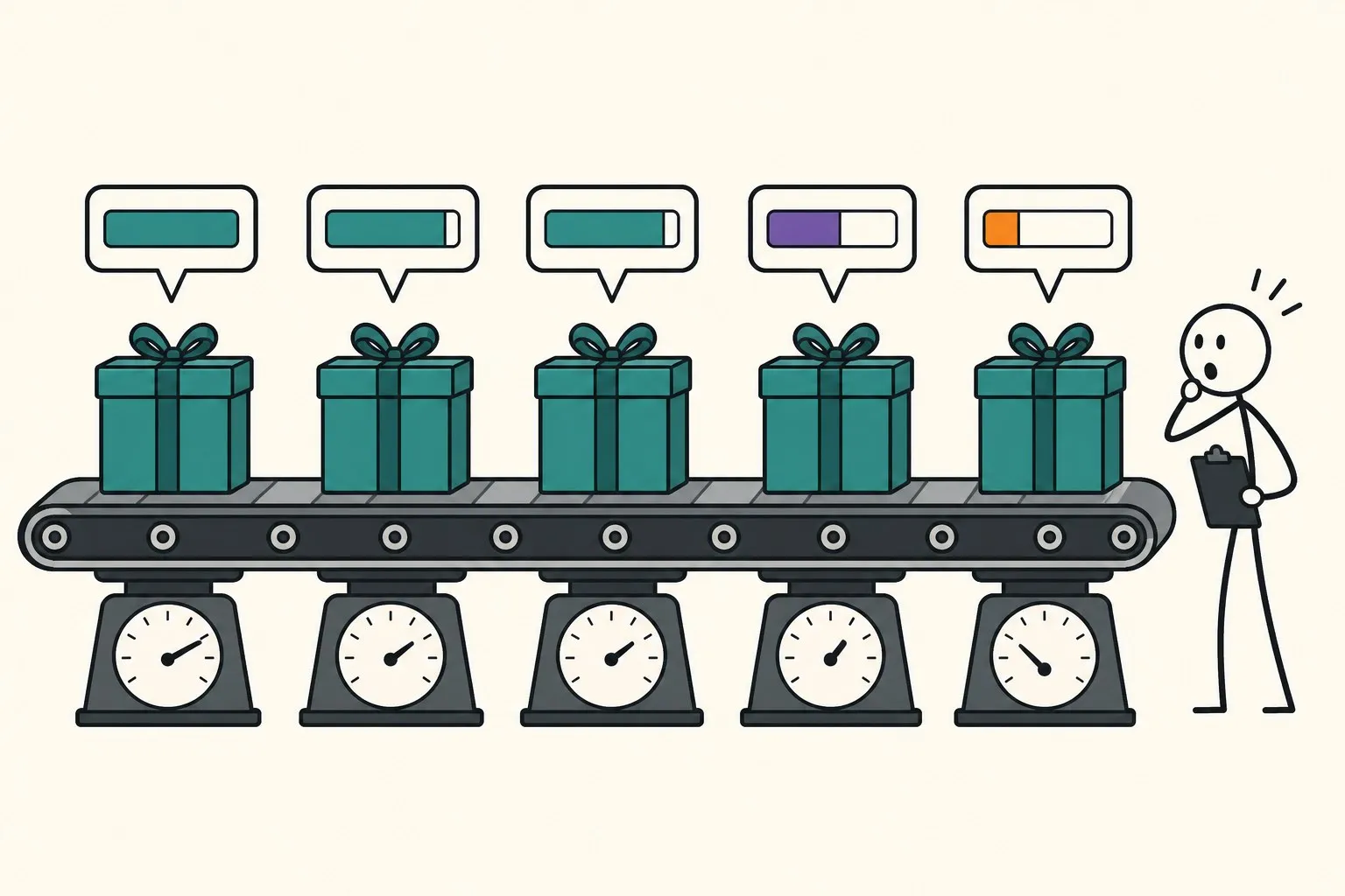 A row of identical-looking gift boxes on a conveyor being weighed, with the scale readouts wildly different for each box despite the boxes looking the same