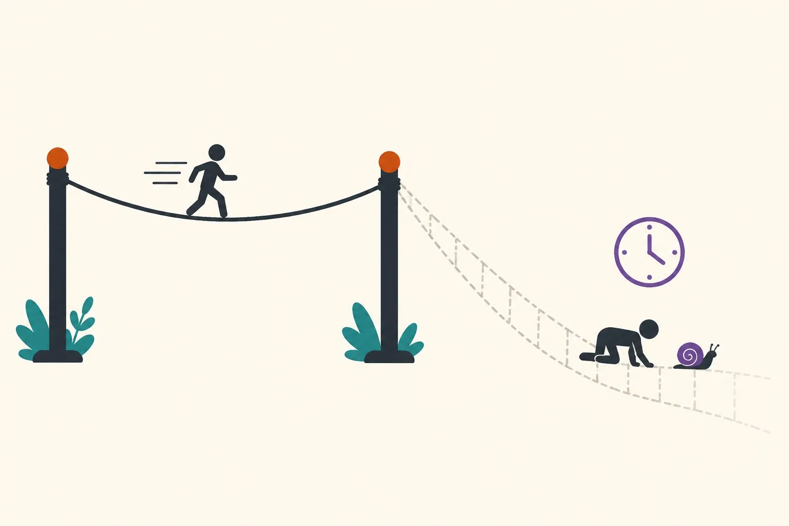 A tightrope walker stepping off the end of a rope onto an invisible glass bridge that sags dramatically, walking on at a crawl instead of falling