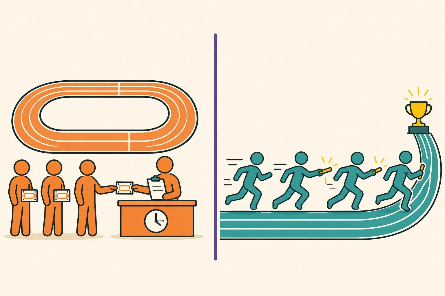 A relay race where the runners are dismissed and re-hired between every lap, versus a team that stays on the track