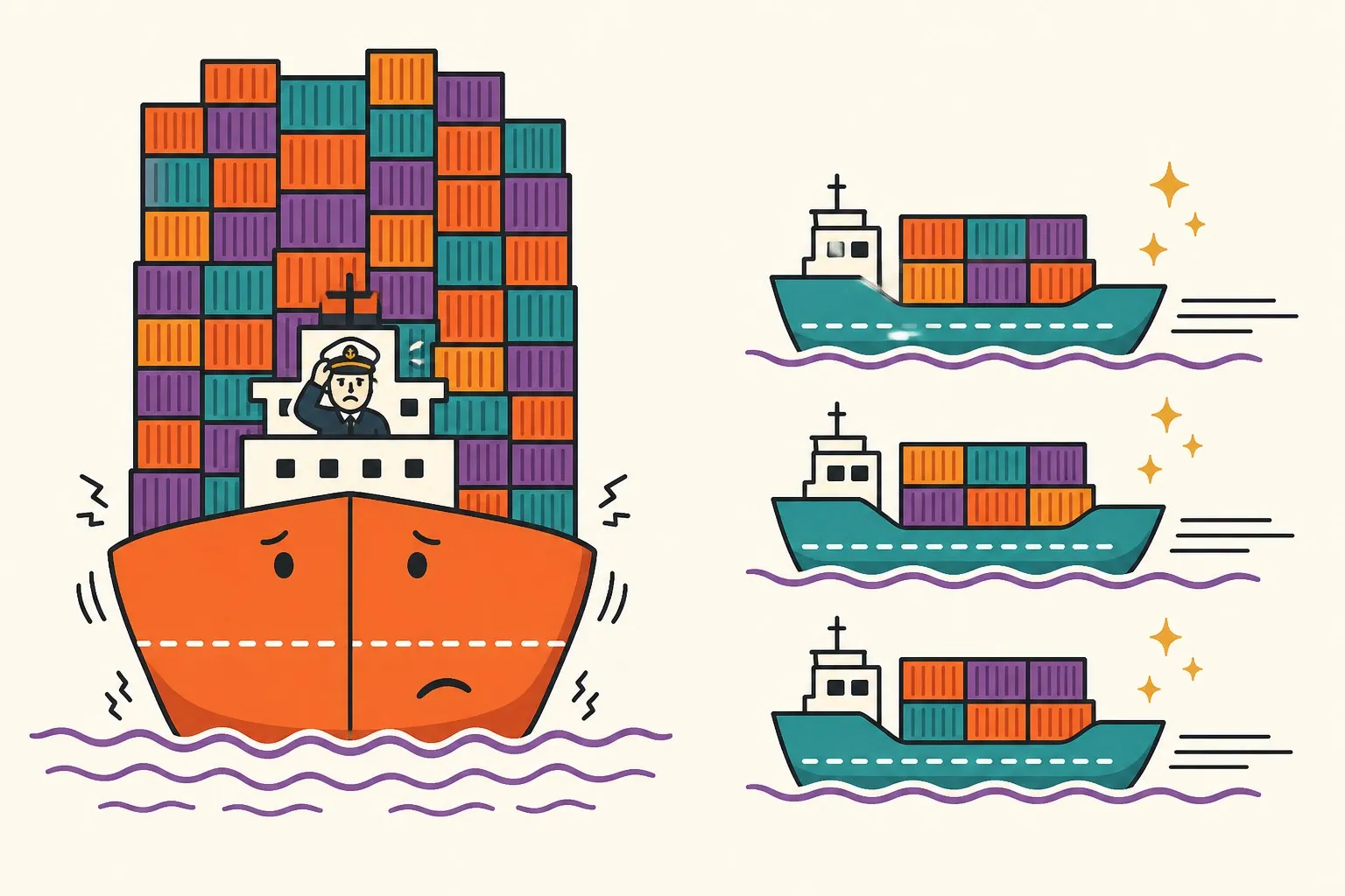 A cargo ship being loaded far past its efficient waterline while smaller, faster boats depart fully loaded