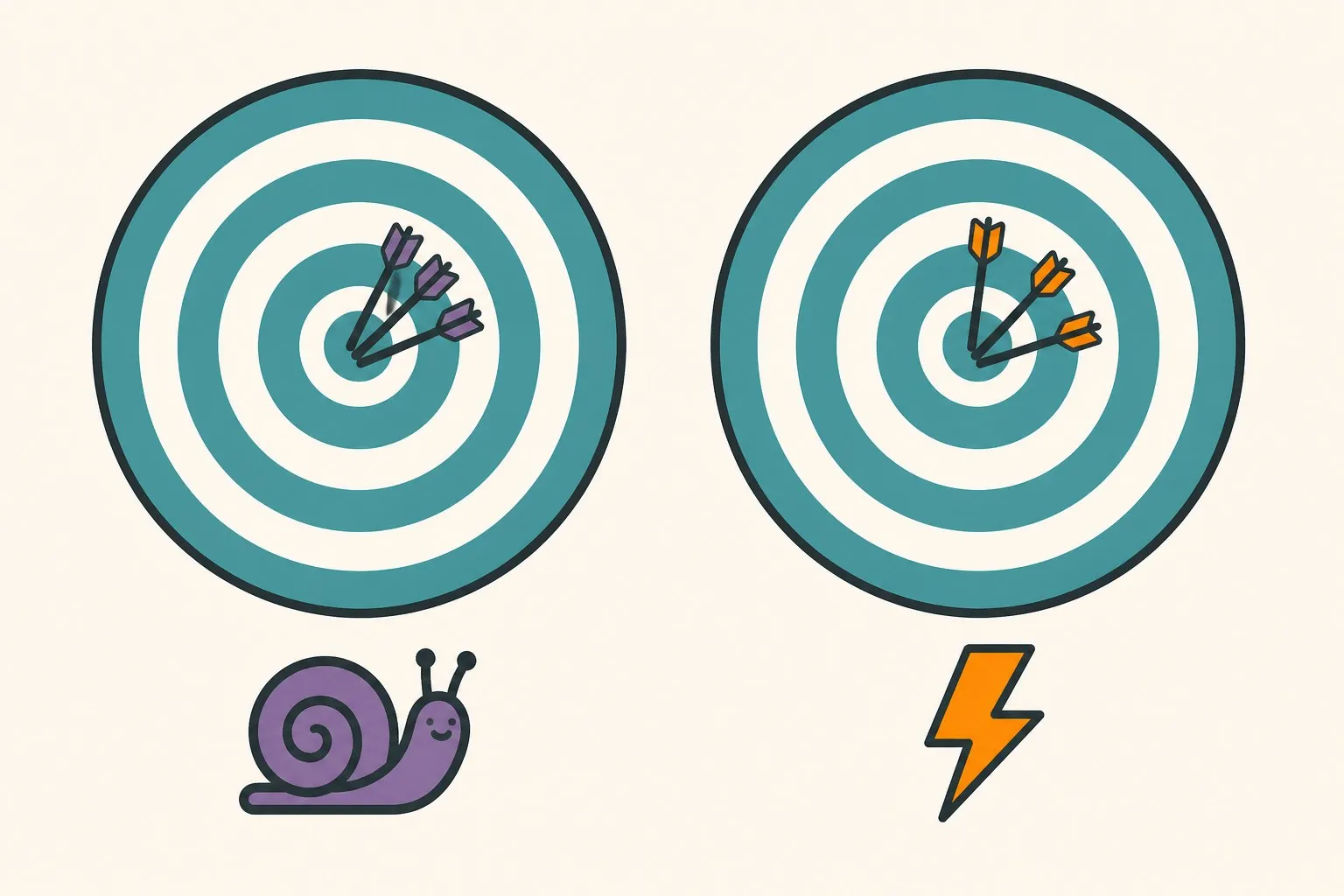 Two archery targets with nearly identical arrow clusters, one shot by a fast archer and one by a slow careful archer