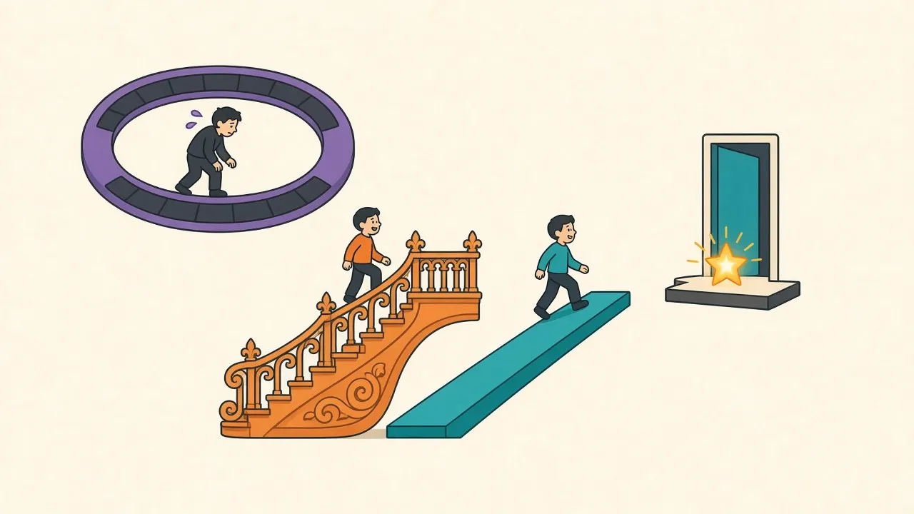 A grand ornate staircase and a plain straight ramp arriving at the same doorway, while far below a flat moving walkway circles endlessly, never reaching the door