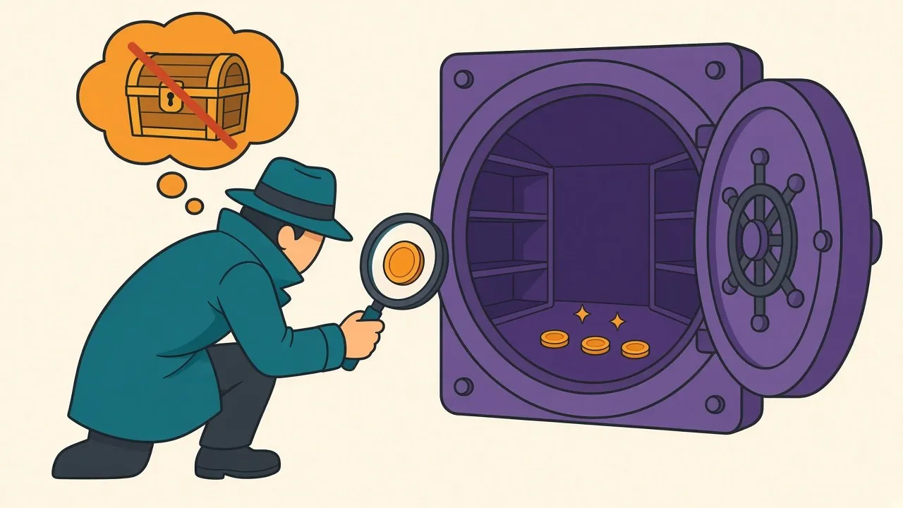 A detective with a magnifying glass examining a giant vault expecting a heist, finding only a few small coins on the floor