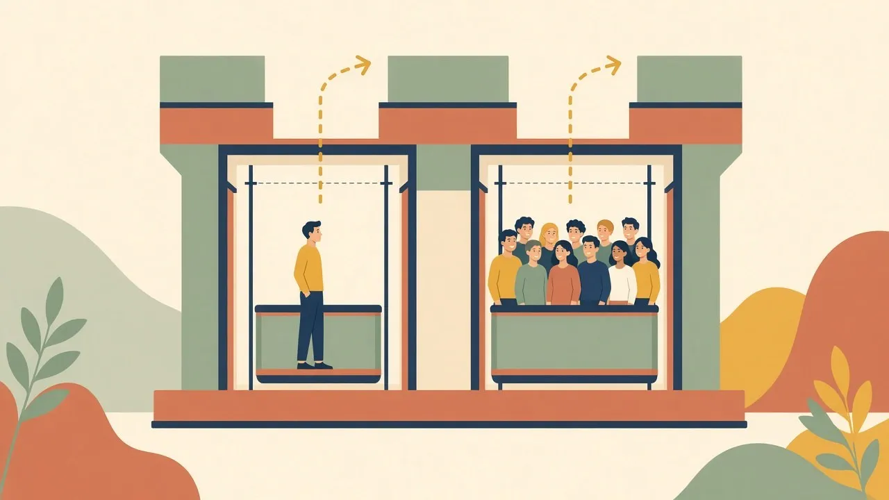 Two elevators making the same trip: one carrying a single rider, the other comfortably carrying ten