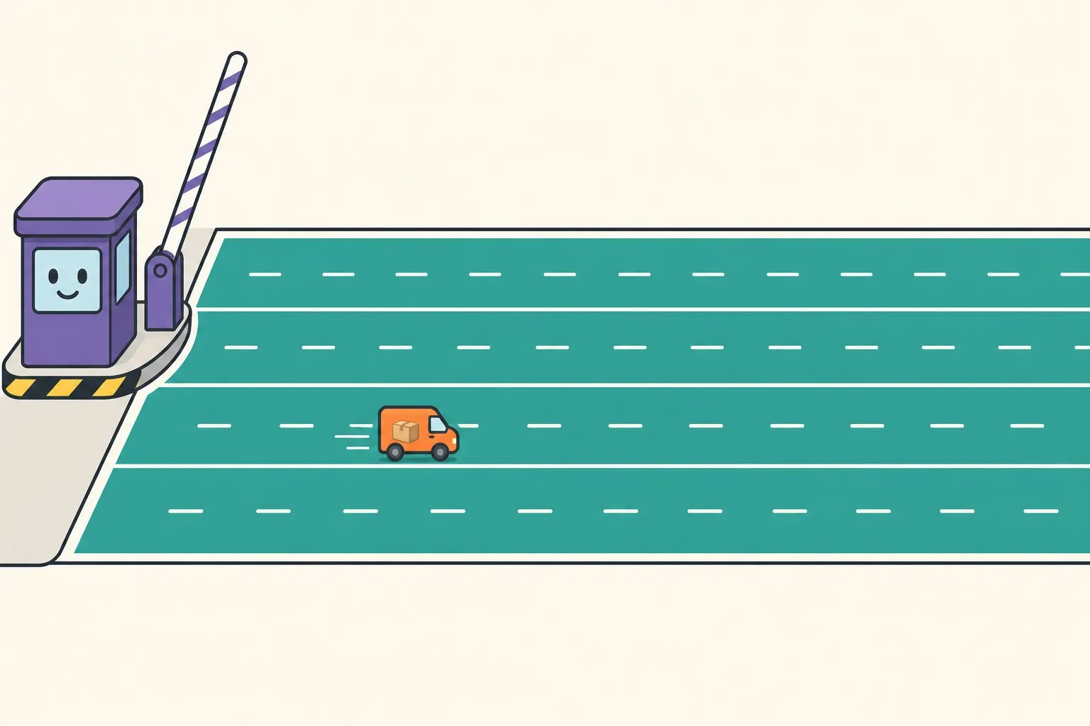 A wide highway with a single small car on it, tollbooth waving it through — bandwidth that isn't the bottleneck