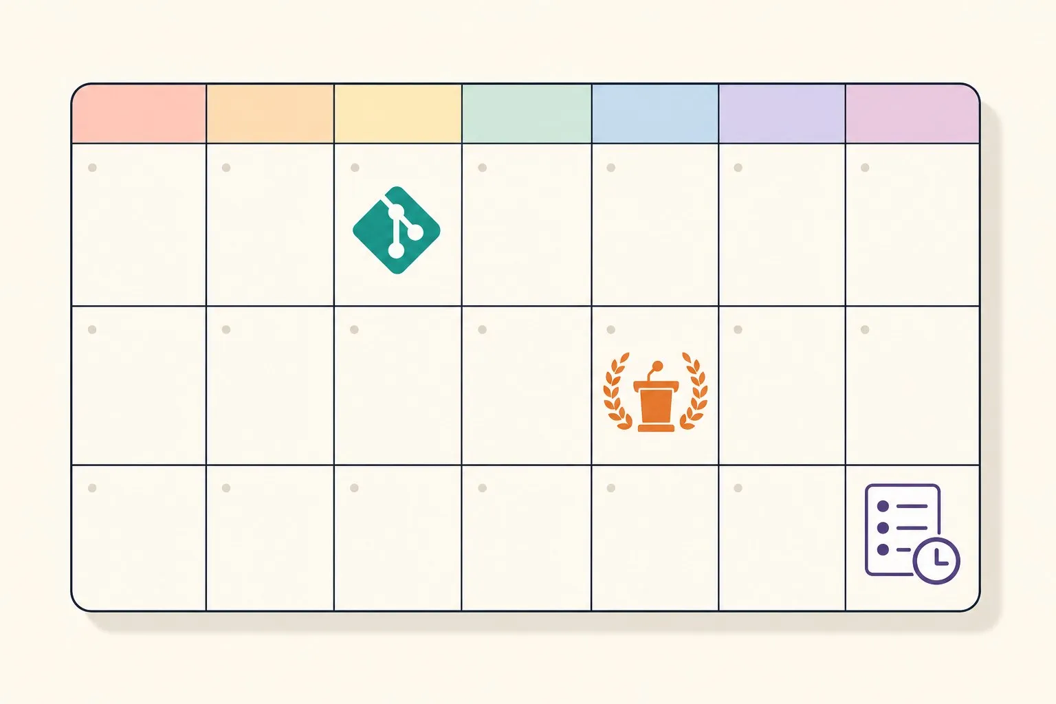 A weekly calendar with icons for checking repositories, conference workshops, and provider changelogs